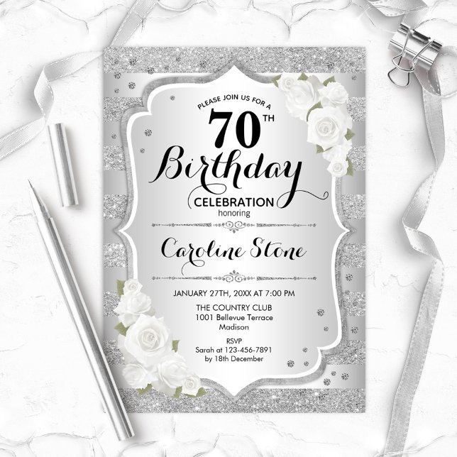 Invitation 70e anniversaire - Argent rayures Roses blanches (Créateur téléchargé)