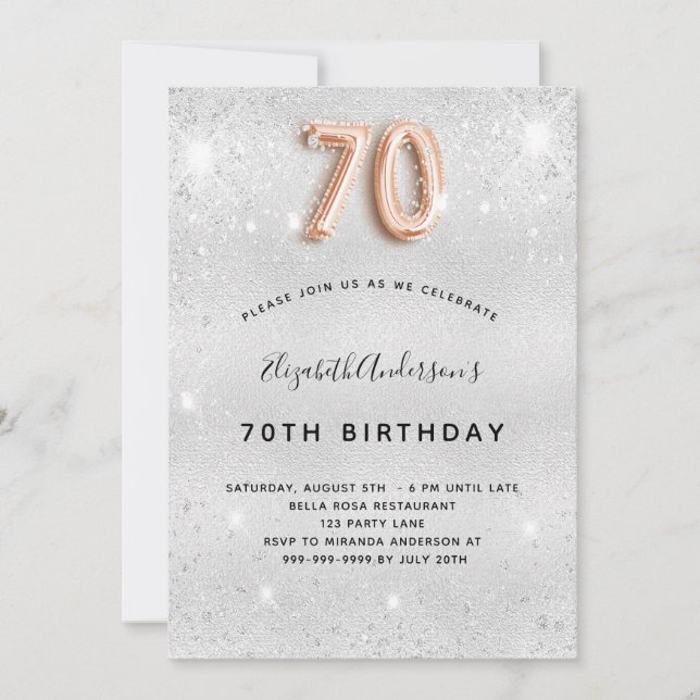 Invitation 70e anniversaire argent rose éclat or (Devant)