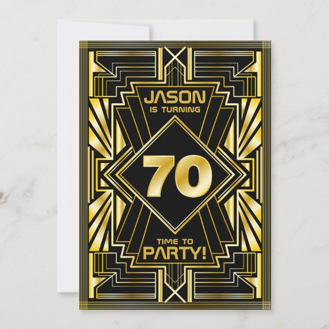 Invitation 70e anniversaire Art Déco Gold Black Great Gatsby (Devant)