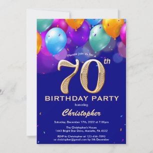 Invitation 70e Anniversaire Ballons bleu et or couleur marine