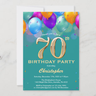 Invitation 70e anniversaire Ballons Turquoises et dorés