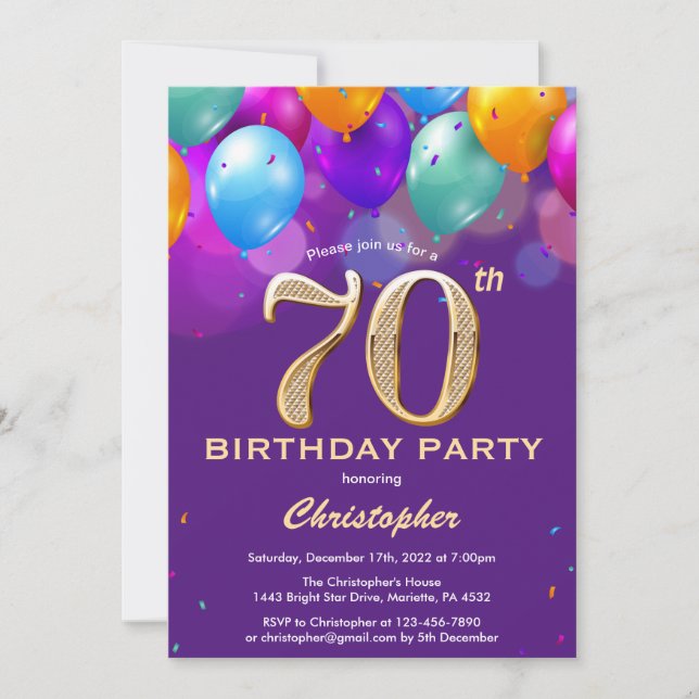 Invitation 70e anniversaire Ballons violets et dorés (Devant)
