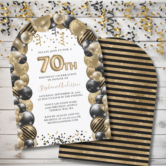 Invitation 70e Anniversaire Balloon Gold Black Sparkle (70th Birthday Balloon Gold Black Sparkle Invitation)