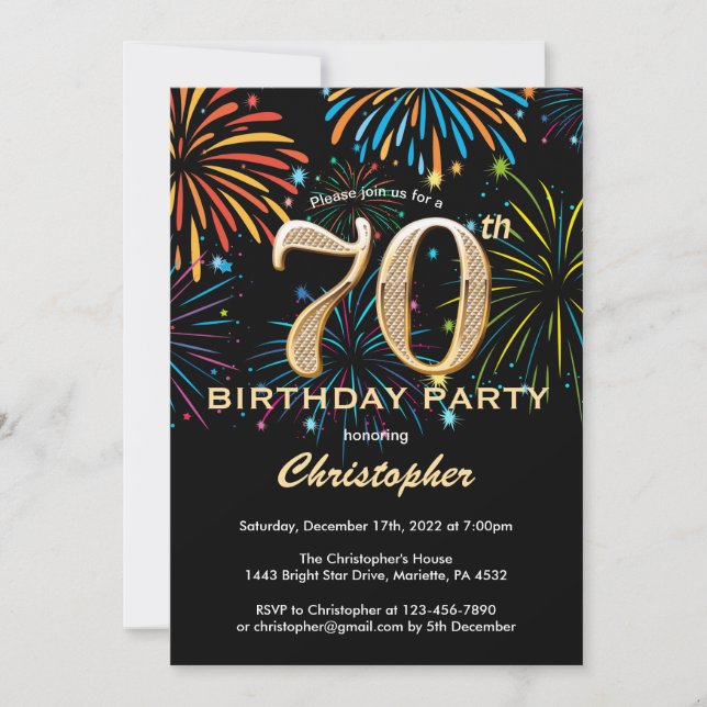 Invitation 70e anniversaire Black and Gold Rainbow Fireworks (Devant)