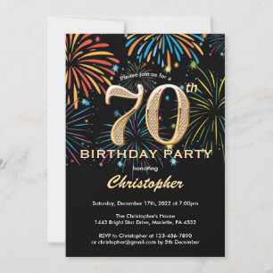 Invitation 70e anniversaire Black and Gold Rainbow Fireworks