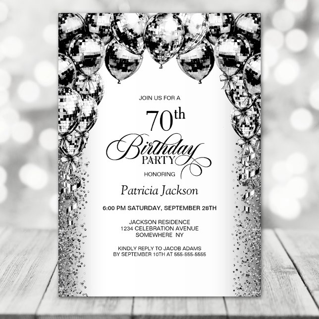 Invitation 70e anniversaire Black and White Balloons Party (Créateur téléchargé)