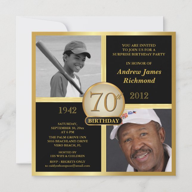 Invitation 70e anniversaire Black & Gold Alors-Maintenant 2 p (Devant)