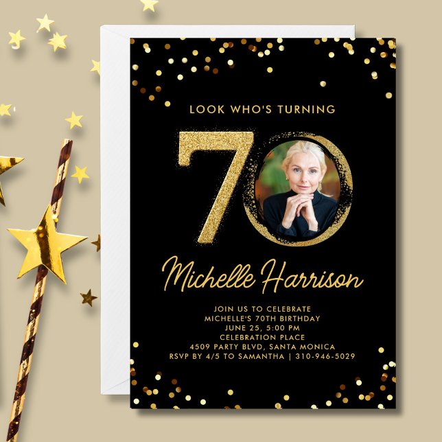 Invitation 70e Anniversaire Black Gold Confetti Photo (Créateur téléchargé)