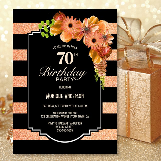 Invitation 70e anniversaire Black Striped Coral Fête Florale (Créateur téléchargé)