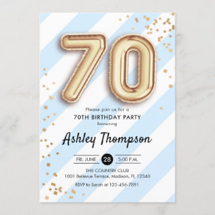 Invitation 70e anniversaire - Blue Stripes Gold Ballons