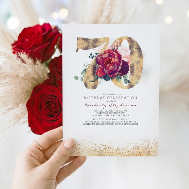 Invitation 70e anniversaire Bourgogne Parties scintillant rou (70th Birthday Invitation Floral Botanical Sophisticated Modern Bold Elegant Unique)