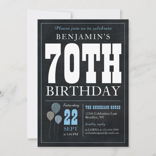 Invitation 70e anniversaire Chalkboard Blue Balloon Rustic Ch (Devant)