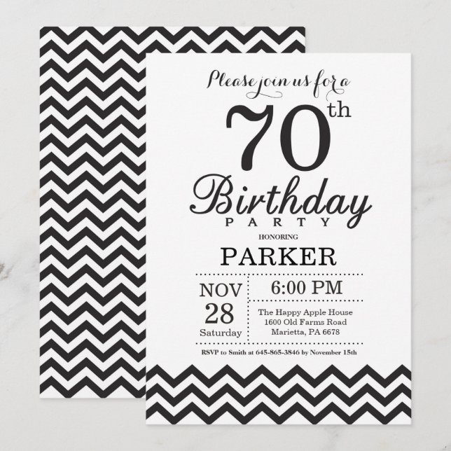 Invitation 70e anniversaire Chevron noir et blanc (Devant / Derrière)