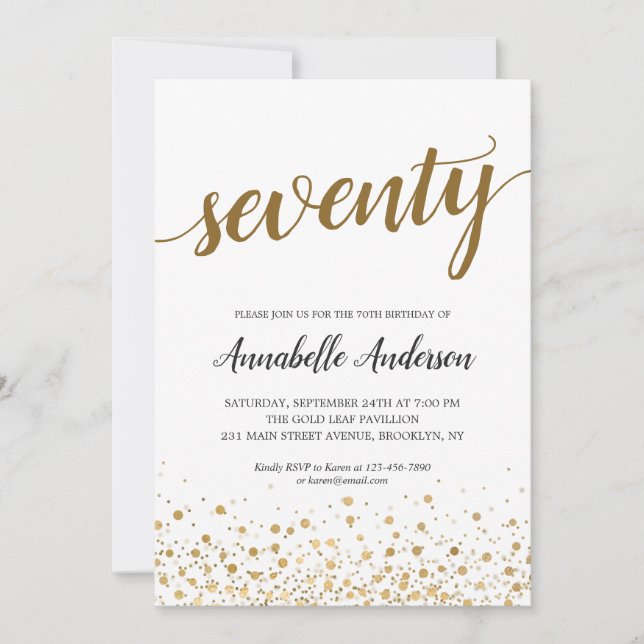 Invitation 70e anniversaire Confetti moderne or Script (Devant)
