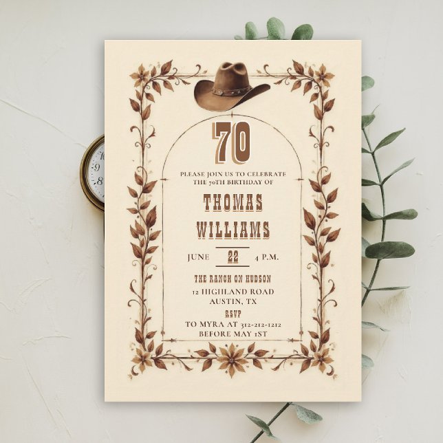 Invitation 70e anniversaire Cowboy Arch Western Rustique Vint (cowboy birthday invitation men 70th rustic vintage arch country western husband dad grandpa)