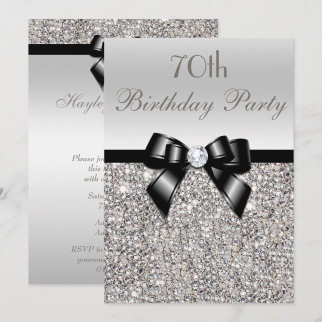 Invitation 70e anniversaire de fête Silver Sequins Black Bow (Devant / Derrière)