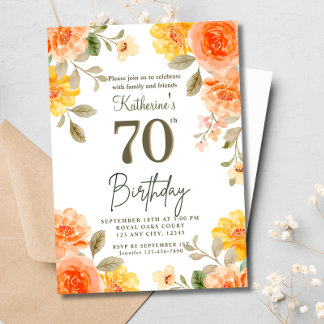 Invitation 70e anniversaire de l'aquarelle jaune orangé flora