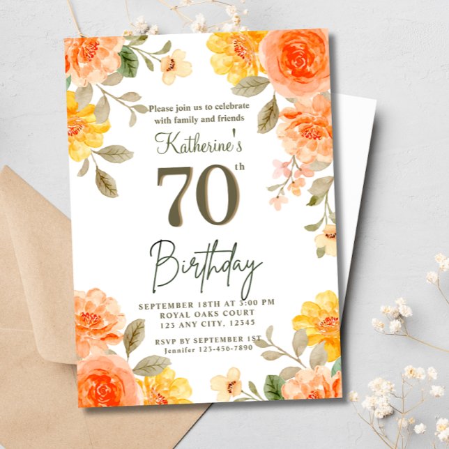 Invitation 70e anniversaire de l'aquarelle jaune orangé flora (Créateur téléchargé)