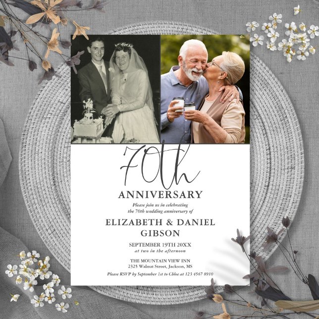 Invitation 70e anniversaire de mariage alors et maintenant 2  (70th Wedding Anniversary Then And Now 2 Photo Invitation)