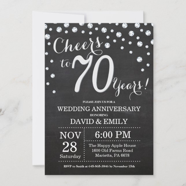 Invitation 70e Anniversaire de Mariage Ardoise Noir Argent (Devant)