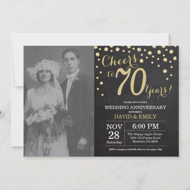 Invitation 70e Anniversaire de Mariage Ardoise Noir et Or (Devant)