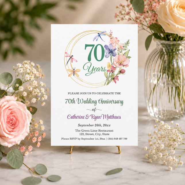 Invitation 70e Anniversaire de Mariage Cadre Doré Floral (Créateur téléchargé)