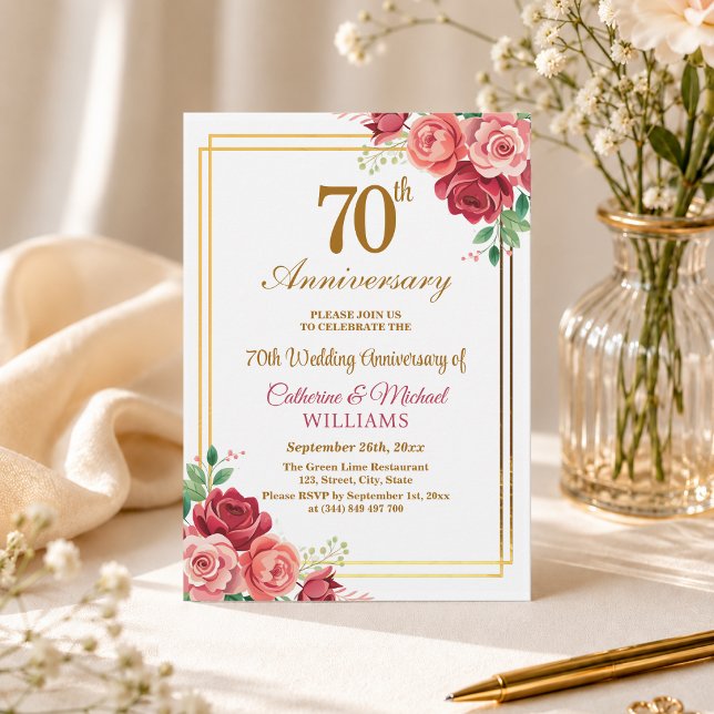 Invitation 70e Anniversaire de Mariage Cadre Doré Floral (Créateur téléchargé)