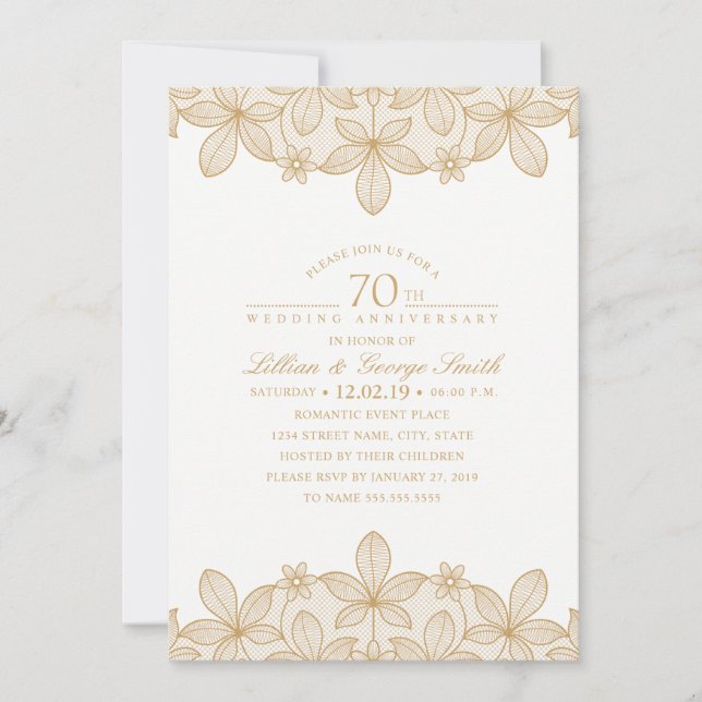 Invitation 70e anniversaire de mariage élégant dentelle dorée (Devant)