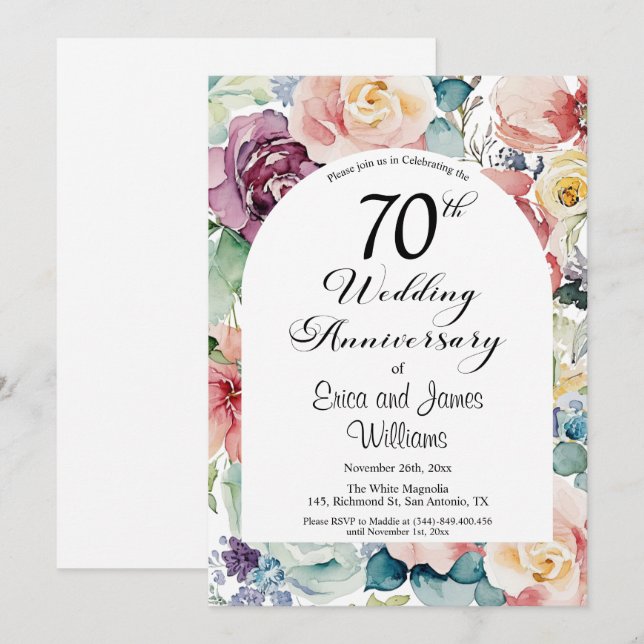 Invitation 70e anniversaire de Mariage Élégant script floral (Devant / Derrière)