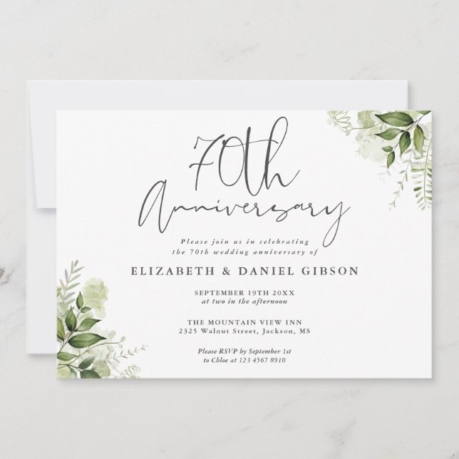 Invitation 70e Anniversaire de Mariage Feuillage Floral (Devant)