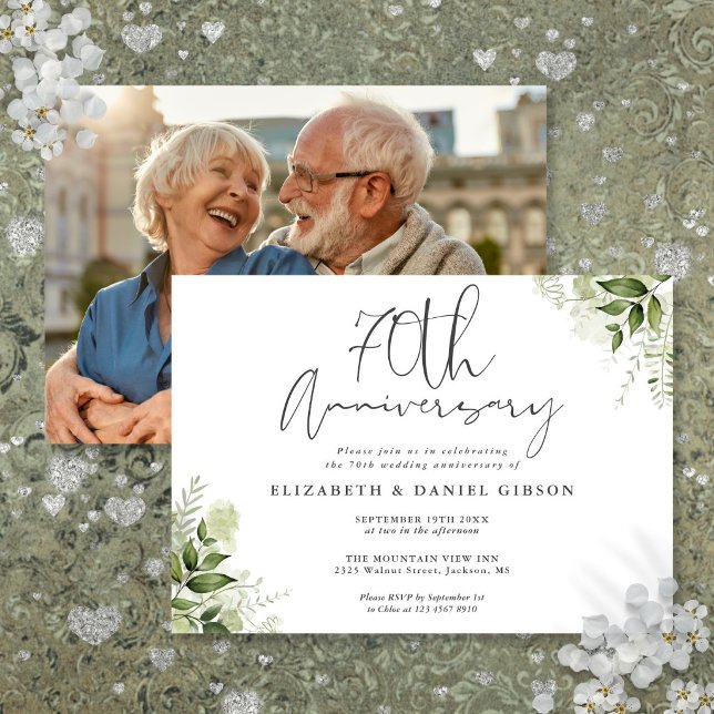 Invitation 70e anniversaire de mariage Floral de v (70th Wedding Anniversary Greenery Floral Photo Invitation)