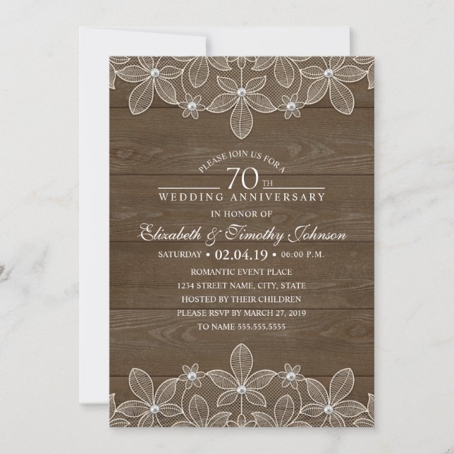Invitation 70e anniversaire de mariage Rustique Bois Campagne (Devant)