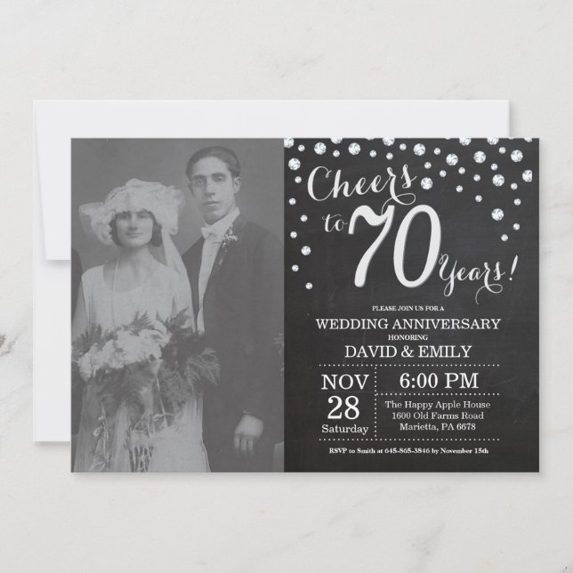 Invitation 70e Anniversaire de Mariage Tableau Noir Argent (Devant)