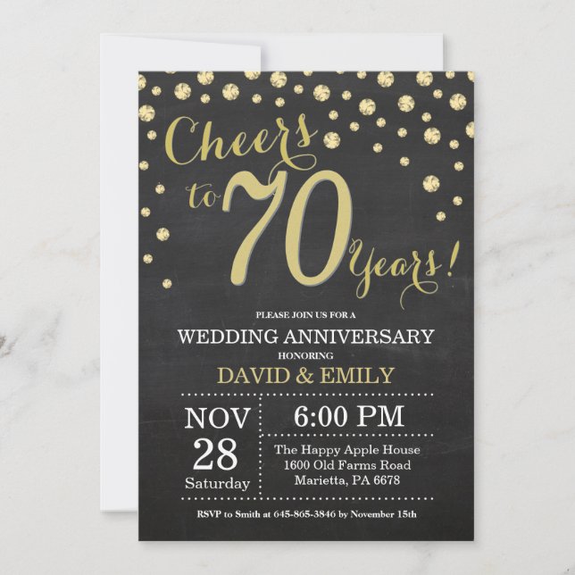 Invitation 70e Anniversaire de Mariage Tableau Noir et Or (Devant)