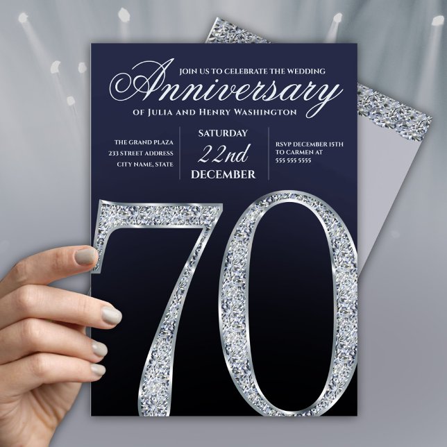 Invitation 70e Anniversaire Diamant Argent Bleu Marine Modern (Créateur téléchargé)