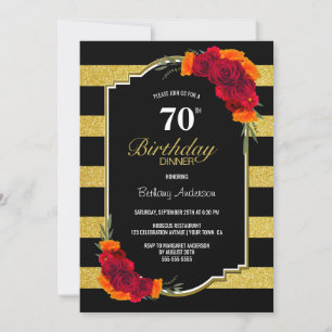 Invitation 70e Anniversaire Dîner Noir Or rayé Floral