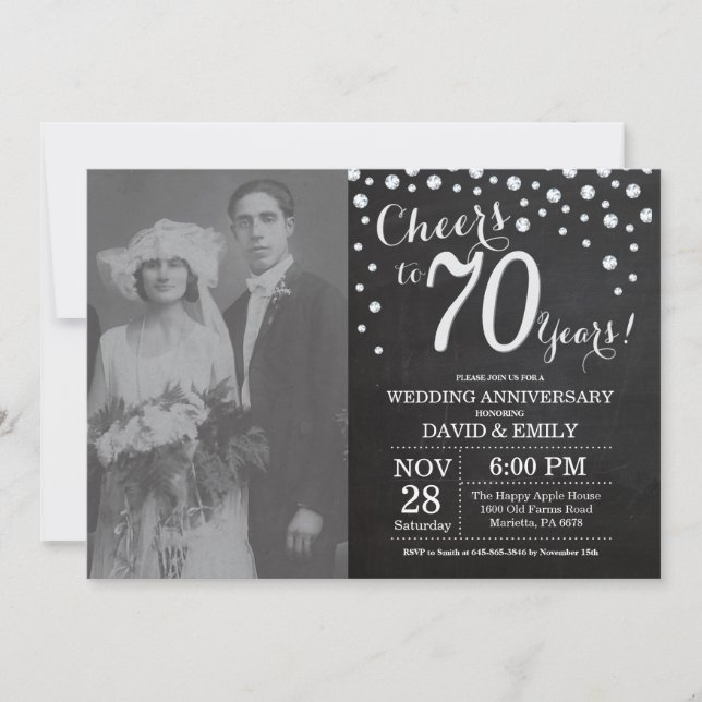 Invitation 70e anniversaire du Mariage Chalkboard Black Silve (Devant)