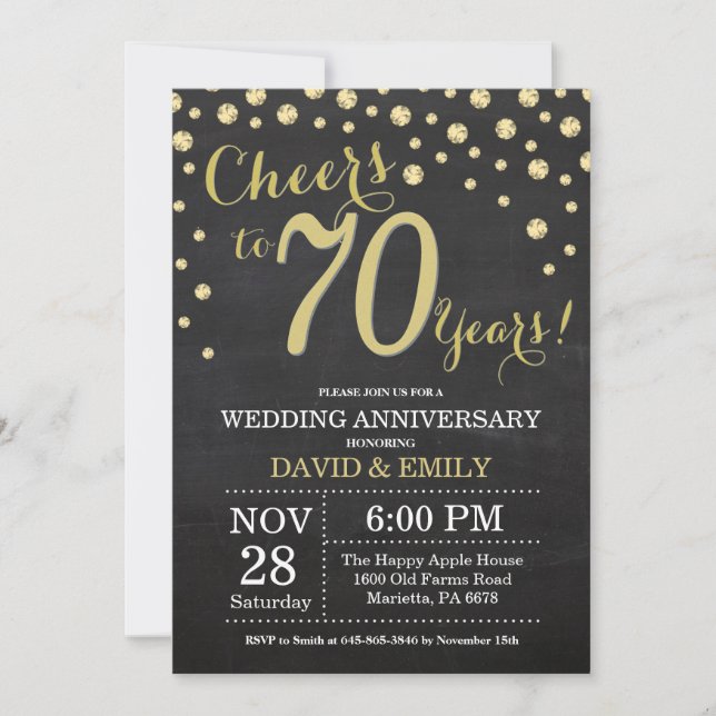 Invitation 70e anniversaire du Mariage Chalkboard noir et or (Devant)