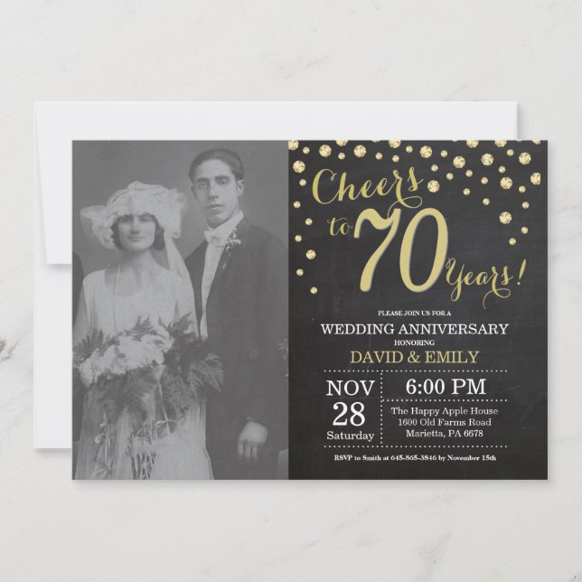 Invitation 70e anniversaire du Mariage Chalkboard noir et or (Devant)