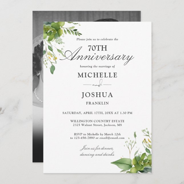 Invitation 70e anniversaire du Mariage Floral Green Photo (Devant / Derrière)