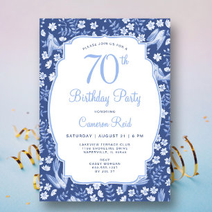 Invitation 70e Anniversaire Élégant Bleu Floral Féminin Oisea