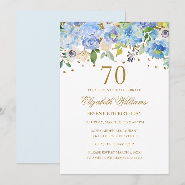 Invitation 70e anniversaire Elégant Blue Gold Floral Invitati (Devant / Derrière)