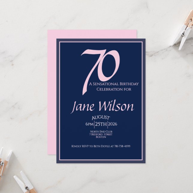 Invitation 70e anniversaire Élégant Rose, Moderne Navy Script (Devant/Arrière en situation)