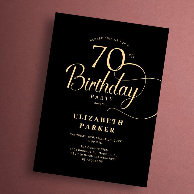 Invitation 70e anniversaire élégant simple noir or écriture (Créateur téléchargé)