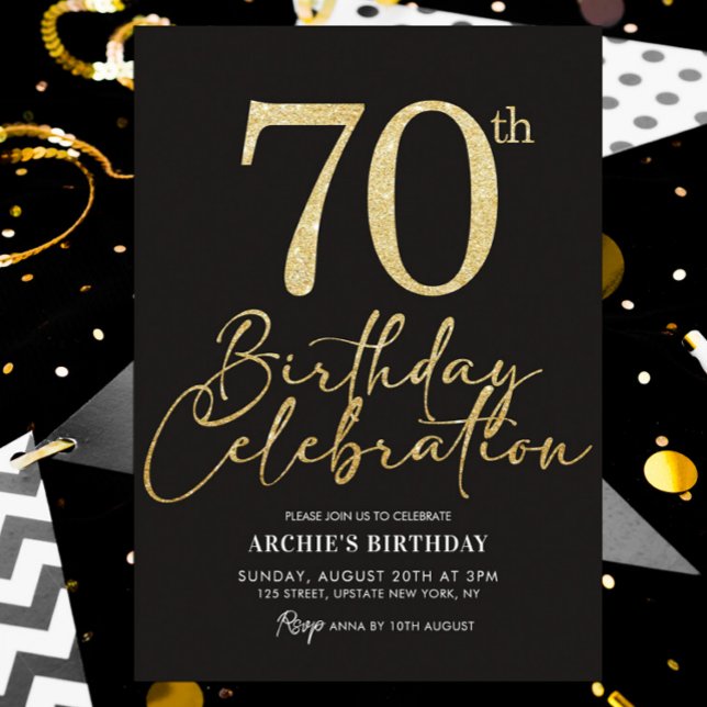 Invitation 70e anniversaire fête Elégante Parties scintillant (70th birthday elegant black and gold glitter invitation template)
