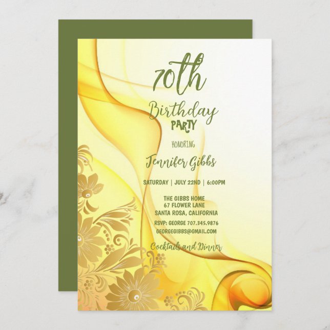 Invitation 70e anniversaire fête Fleurs jaunes et tourbillons (Devant / Derrière)