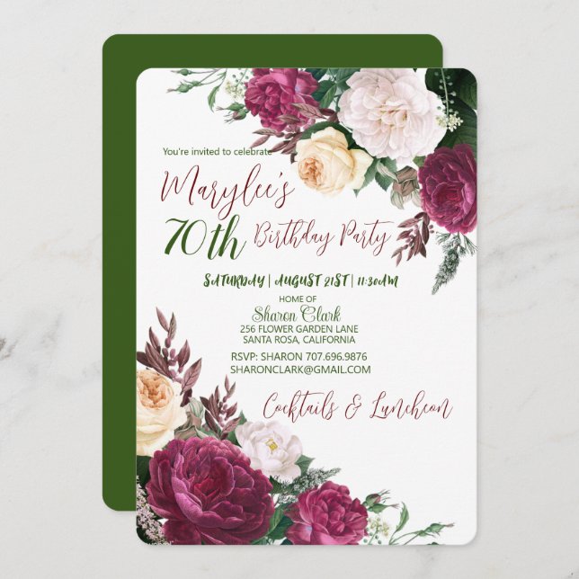 Invitation 70e anniversaire Fête Florale Design Anniversaire  (Devant / Derrière)