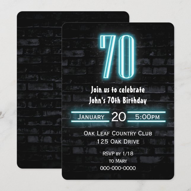 Invitation 70e Anniversaire fête Neon Connexion Brick Invitat (Devant / Derrière)