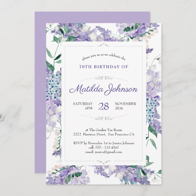 Invitation 70e anniversaire Floral Botanical Purple Aquarelle (Devant / Derrière)