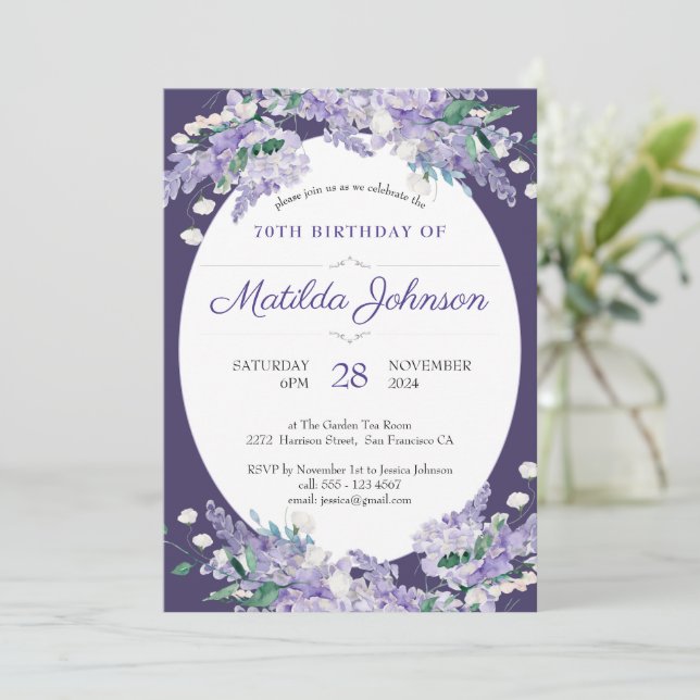 Invitation 70e anniversaire Floral foncé Purple Wisteria Élég (Debout devant)